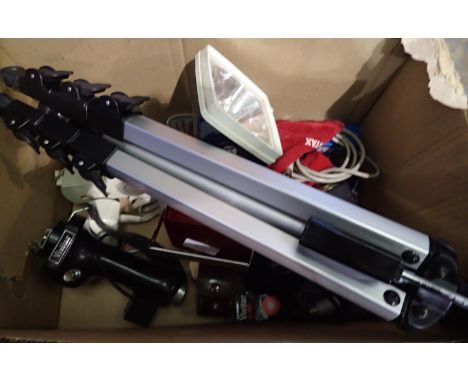 Box of vintage camera parts, tripod etc. Not available for in-house P&amp;P 