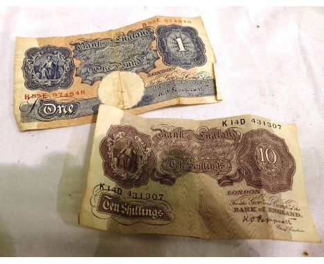 Peppiatt blue one pound note and  ten shilling note. P&amp;P Group 1 (£14+VAT for the first lot and £1+VAT for subsequent lot