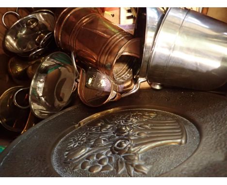 Collection of mixed metal items including a silver candlestick, embossed tray etc. Not available for in-house P&P 