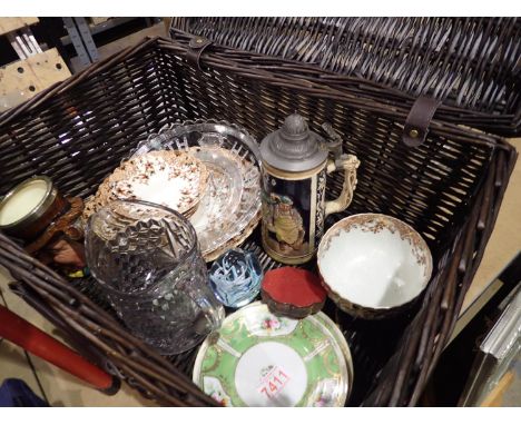 Mixed ceramics including Noritake in a basket. Not available for in-house P&amp;P 
