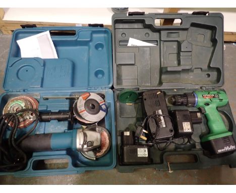 Boxed Makita 9554NB 76w electric plug in angle grinder with a boxed Hitachi DS14DVF 14.4v drill (2). Not available for in-hou