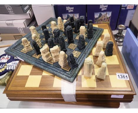 Marble Oriental chessboard with two further wooden chess boards. Not available for in-house P&amp;P 