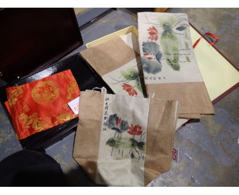 Boxed Chinese robe sash and cushion cover and boxed Chinese meditation stones. P&amp;P Group 2 (£18+VAT for the first lot and