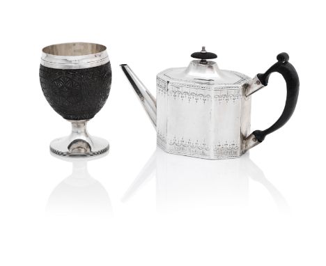 A George III silver-mounted coconut cup, and a George III silver teapotby Phipps &amp; Robinson, London 1793, and I.H, London