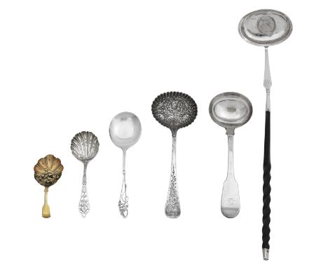 A collection of antique silver flatwarevarious makers and dates To include a George III silver-gilt caddy spoon, embossed wit