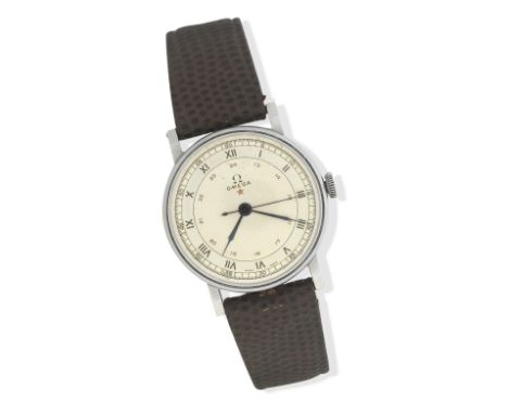 Omega: A stainless steel manual wind wristwatchMovement: 18-jewel manual wind, No.9539068Dial: brushed silvered, Roman and Ar