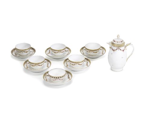 Five Nyon teabowls and saucers and a jug and coverCirca 1780Each painted with gilt and purple floral swags hung from a gilt a