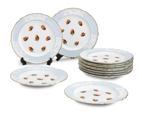 A set of twelve Spode dessert plates19th CenturyPainted with strawberries, within pale blue rims with moulded white foliate s