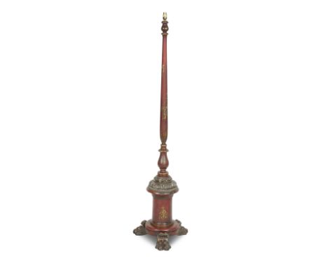 A 1920's Red Japanned standard lampFitted with a single electrified light socket, with chinoiserie decoration raised on massi