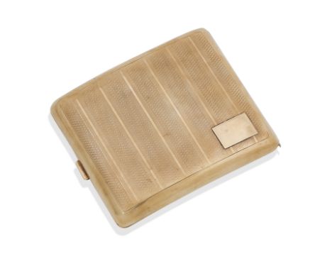 A 9ct gold cigarette caseby WN Of rectangular engine-turned form, with applied blank cartouche, click-action closing mechanis