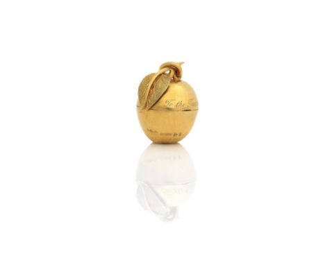 A Gold Vinaigrette or Pill Box Formed as an Apple marked: 9, .375,by John William Barrett, Chester, 1916 Naturalistically for