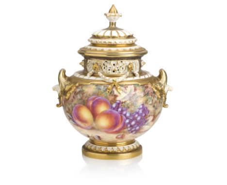 A Royal Worcester fruit painted vase and cover, painted by Harry AyrtonPost-warPainted to one side with apples and white grap