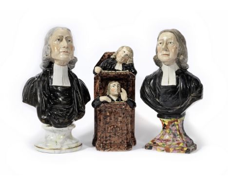 Two Staffordshire portrait busts of John Wesley and a group of the Vicar and Moses19th CenturyThe busts raised on shaped plin