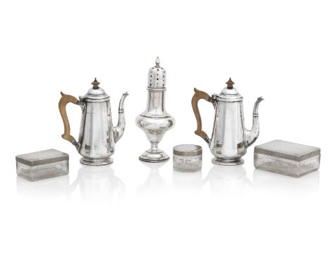 A collection of silvervarious makers and dates To include a pair of cafe au lait pots, marks rubbed, London 1925, etched glas