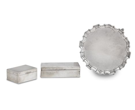 A silver salver and five cigarette cases/boxesthe salver by Fordham &amp; Faulkner, Sheffield 1908 With moulded rim and on th