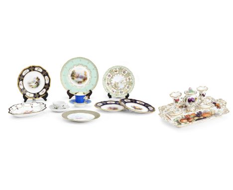 A group of porcelain19th/20th CenturyComprising an English porcelain desk set, circa 1840, 34cm wide, a Royal Worcester plate