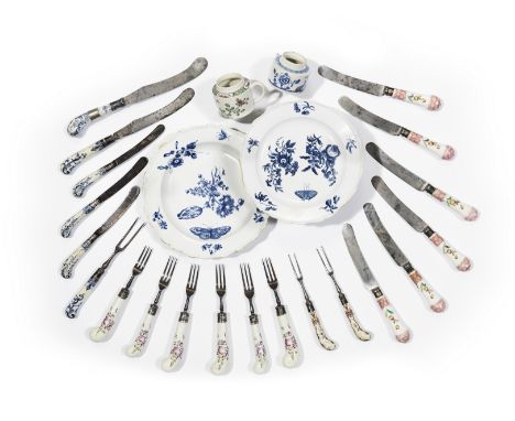 A group of Bow porcelain18th CenturyComprising two blue and white plates, painted with flower sprays and insects, 20cm and 23