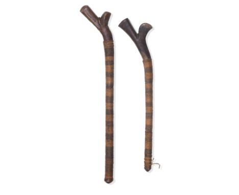 Two spurred 'Snake' clubs, Fiji IslandsGatathe wooden clubs wrapped in plaited twine of alternating light and dark bands, 100