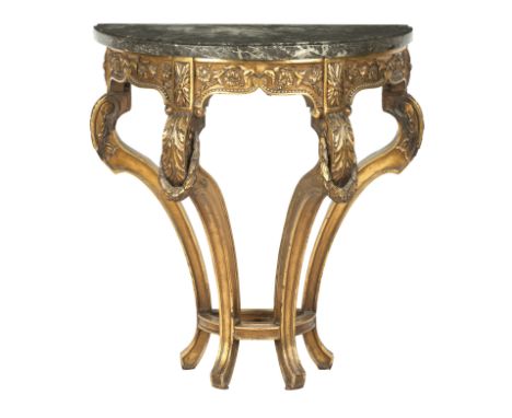 A late 19th century French giltwood console tableWith grey marble top raised on four carved cabriole supports, 66cm wide, 34c