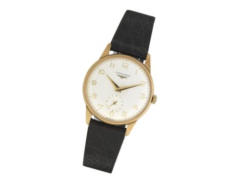 Longines: A 9k gold manual wind wristwatchLondon 1966The white dial with Arabic numerals and subsidiary seconds dial, the mov