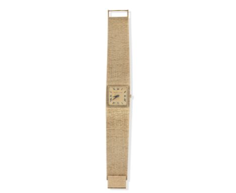 Bueche Girod: A 9k gold bracelet manual wind wristwatchDate: London 1972Movement: 17 jewel manual windDial: textured gold wit