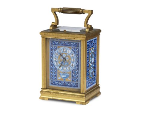 A 19th century French gilt brass and porcelain mounted repeating carriage clockthe 2 3/4 inch dial with Arabic numerals, the 