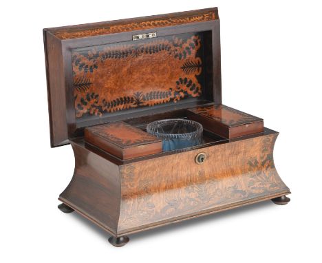 A 19th century rosewood &amp; marquetry burr walnut inlaid tea caddyOf sarcophagus form, the interior of similar design with 