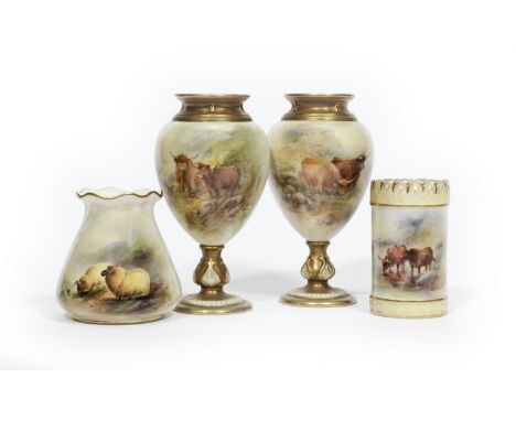 Four Royal Worcester vasesEarly 20th CenturyIncluding a pair of vases painted with highland cattle by Harry Stinton, signed, 