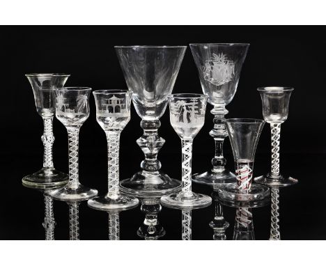 Eight various wine glasses and goblets18th Century and laterComprising a Dutch ruby red colour-twist firing glass, 10.5cm, a 