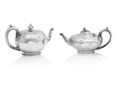 A Victorian silver teapotby William Wrangham Williams, London 1862 Of bullet-form, engraved with shells and foliage, and anot