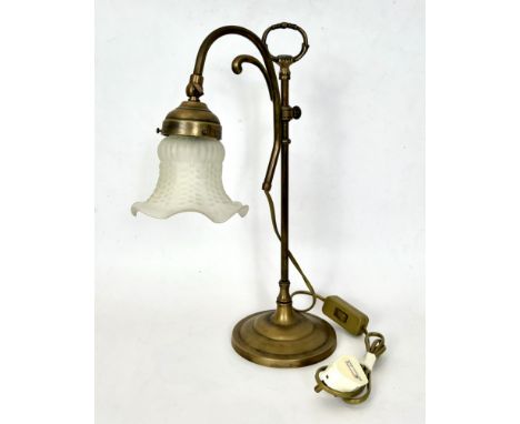 An Art Nouveau style antiques brass and glass table reading lamp - late 20th century, the adjustable column with top handle, 