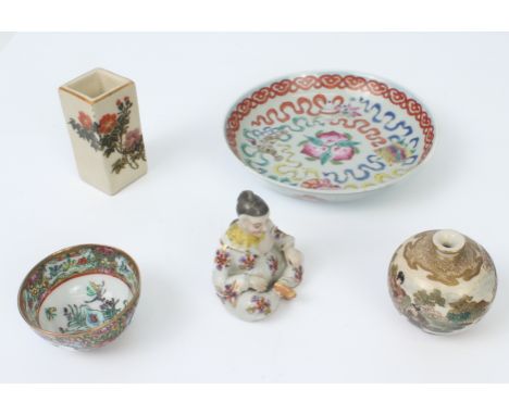 Four pieces of Japanese and Chinese earthenware and porcelain - comprising a miniature Satsuma globular vase, painted with fi