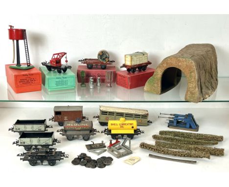 A collection of Hornby O Gauge rolling stock and accessories - some boxed, comprising a No.50 Crane Truck; a No.1 Water Tank;