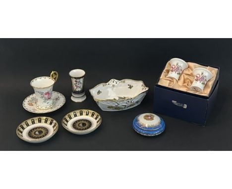 A small group of porcelain and bone china - including a Coalport coffee cup and saucer, painted with floral sprays, green pri