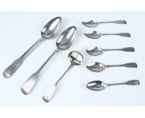 A small collection of Scottish silver fiddle pattern flatware, 19th century - comprising a pair of table spoons, George Fenwi