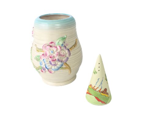 A Clarice Cliff My Garden vase - moulded and printed factory marks, 22cm high, hairline to rim; and a reproduction Clarice Cl