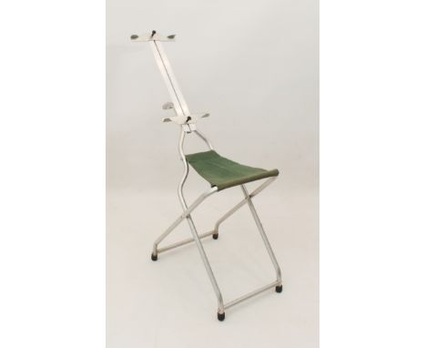A vintage lightweight aluminium portable folding artist's easel and stool - with green canvas seat, 122 cm high.