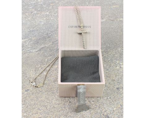 A silver cross pendant and chain by Emporio Armani - the cross 3.5cm long, the cable link chain with Birmingham EA hallmarks,