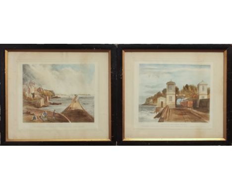 J. Harris after Andrew Nichol, RHA (Irish, 1804-1886): Five views of the Dublin and Kingstown Railway - hand coloured aquatin