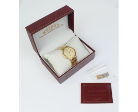 A Rotary Prestige gents quartz watch - with striped champagne dial with gilt baton markers, 34mm case, gold plated bracelet, 