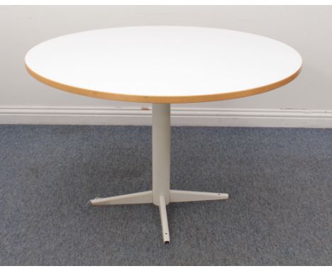 A vintage gloss white laminate and painted steel breakfast table - 1980s-90s, the circular white laminate top with light wood