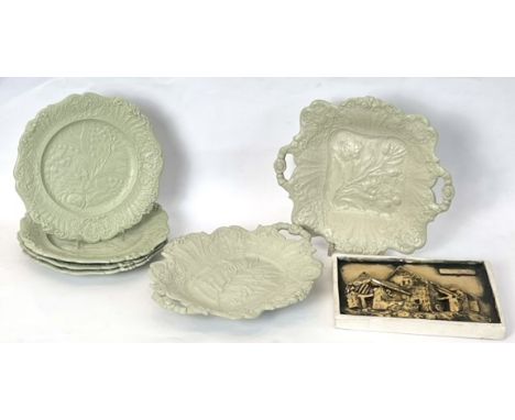 Six Ridgway &amp; Sons stoneware drabware glazed plates and dishes - all on a pale green celadon style glaze, impressed ancho