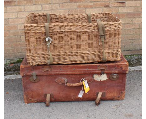 A large wicker military Parachute Regiment trunk, c.1940, originally owned by Major H. M. M. McRitchie - probably originally 
