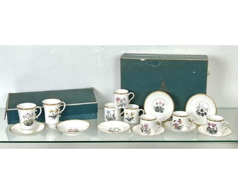 A boxed set of six coffee cans and saucers by Royal Worcester - each decorated with a different spring garden flower, with gi