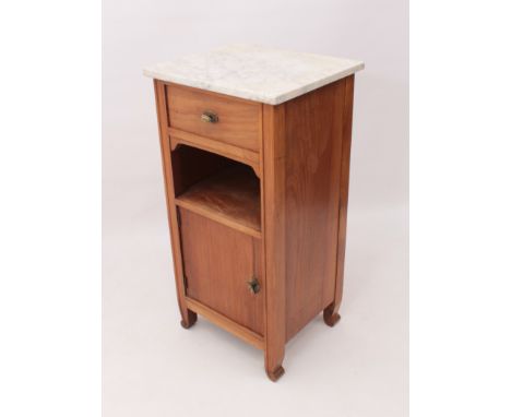 A French walnut veneered and marble pot cupboard or bedside table - first half 20th century, the grey and white marble top ov