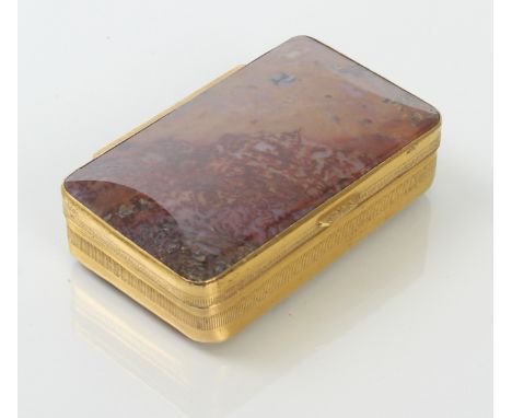 A 19th century rolled gold and agate snuff box - rectangular with chamfered contrasting agate panels and fluted banded decora