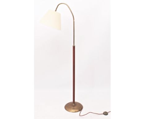 A floorstanding brass and tan leather reading lamp - 141cm high, with pleated cream shade.
