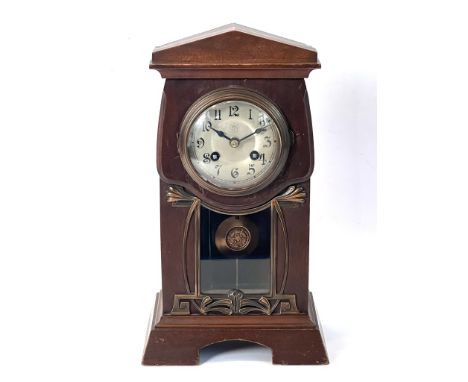 An Art Nouveau style mahogany and copper mounted mantel clock by Junghans - 1920s, with signed 8 day movement striking the ha