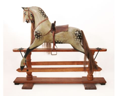 A large, antique 48in dapple grey painted wooden rocking horse by F. H. Ayres - with glass eyes and open mouth, real horse ha