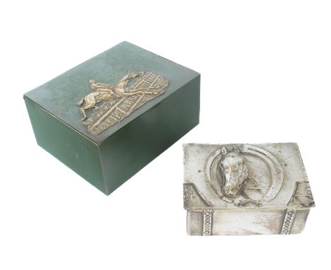 An early 20th century green enamelled brass box decorated on the lid with a gilt brass mount of a racehorse and jockey jumpin